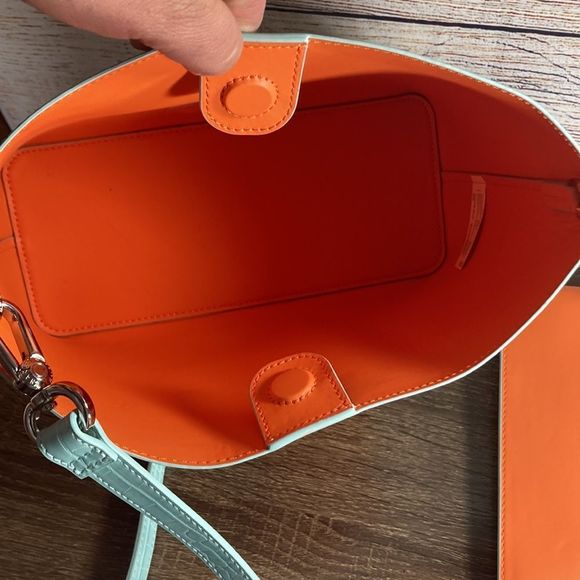 Womens Charles & Keith Shoulder Bag Teal w/ Hand Painted Flowers - Picture 4 of 13